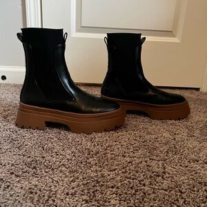 Black Leather Ankle Boots with Brown Sole